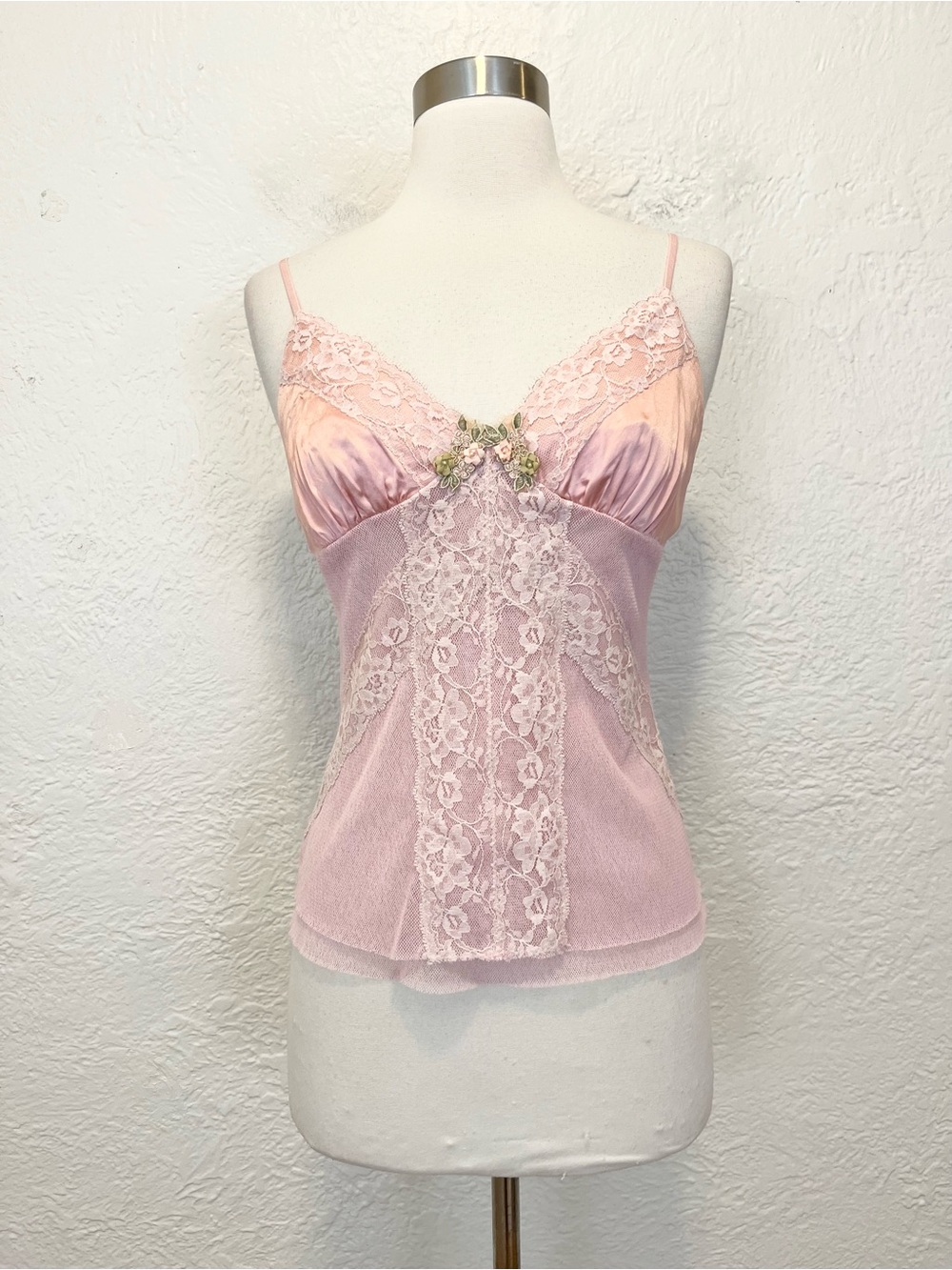 Vintage 90s Y2K Casadei Cami Tank Top Pink Silk Mesh Lace Fairy Grunge Small S